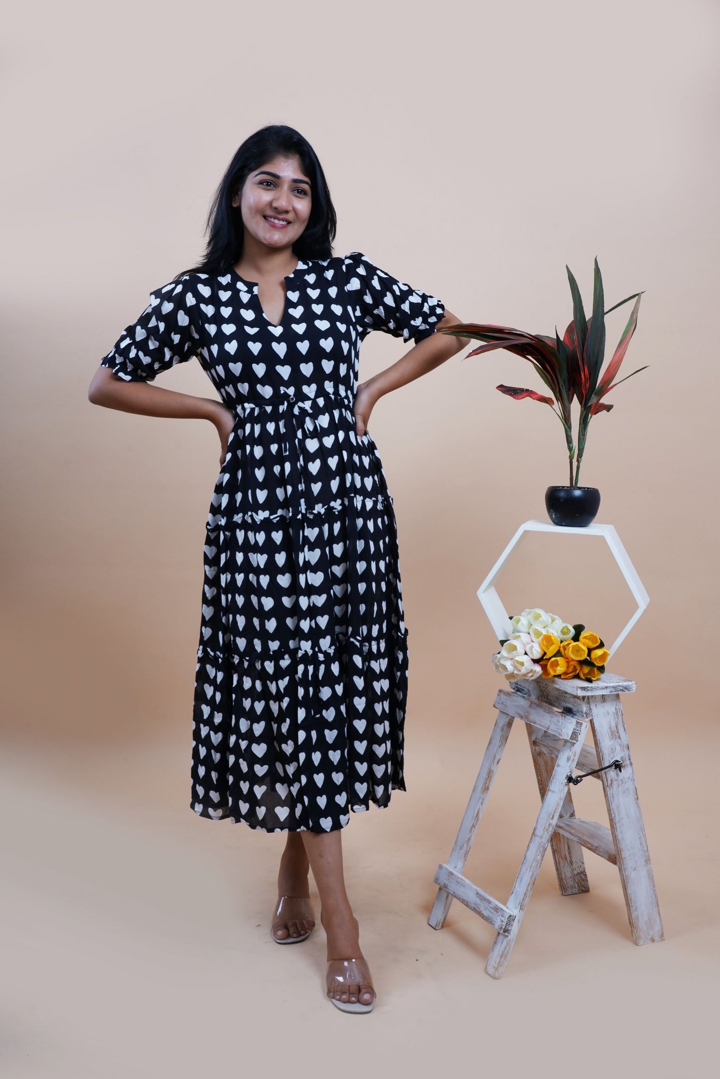 Black Hearts Polka Dots Printed Cotton Empire Midi Dress