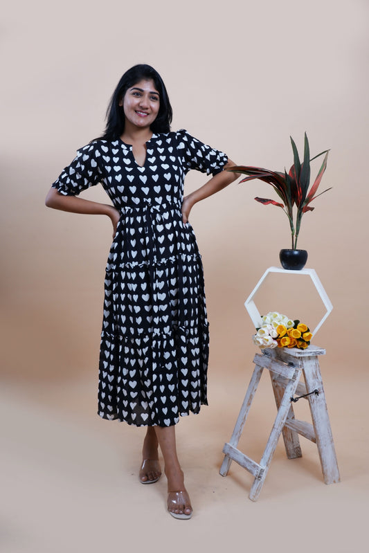 Black Hearts Polka Dots Printed Cotton Empire Midi Dress