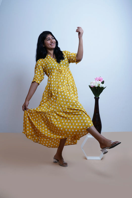 Yellow Polka Dots Printed Cotton Empire Midi Dress