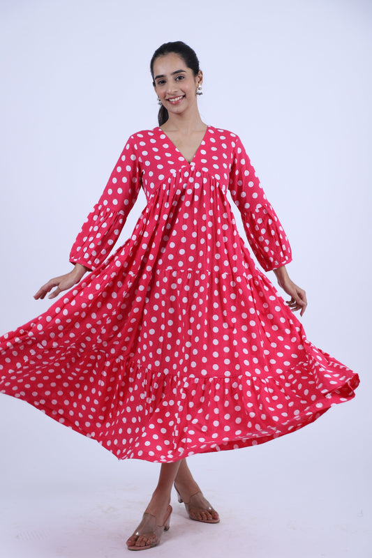 Pink Polka Dots Printed  V-Neck Tiered Cotton Maxi Dress