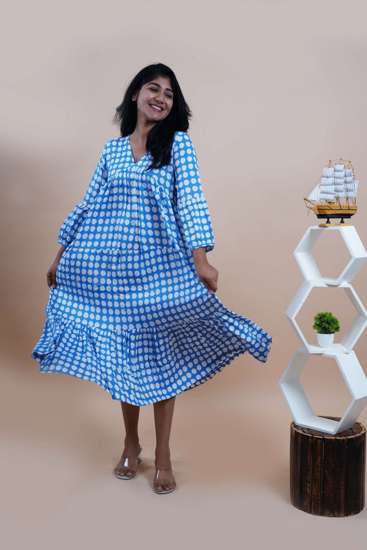 White Polka Dots Printed  V-Neck Tiered Cotton Maxi Dress