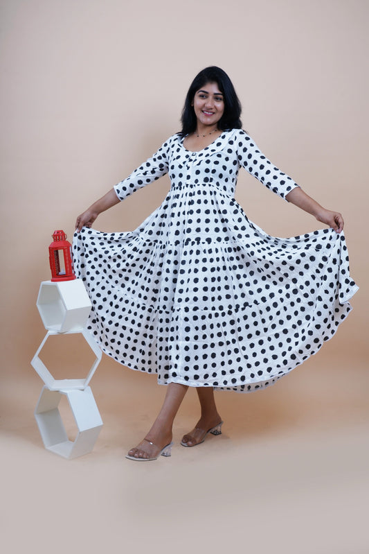 Black Polka Printed Peter Pan Collar Tiered Fit & Flare Maxi Dress