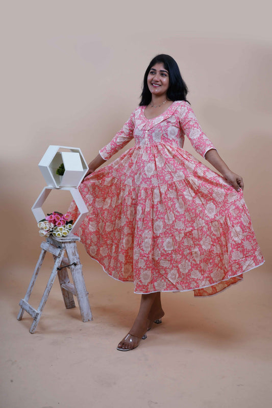 Peach Floral Printed Peter Pan Collar Tiered Fit & Flare Maxi Dress