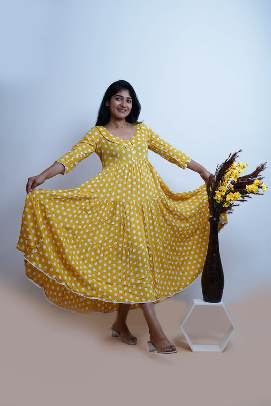 Yellow Polka Printed Peter Pan Collar Tiered Fit & Flare Maxi Dress