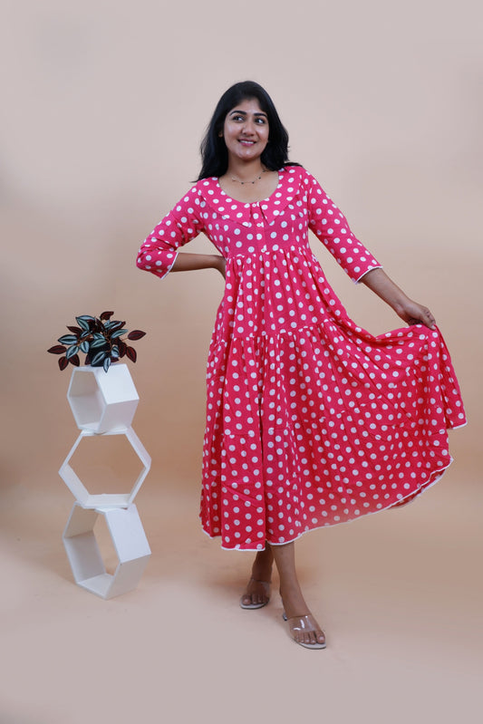 Pink Polka Printed Peter Pan Collar Tiered Fit & Flare Maxi Dress