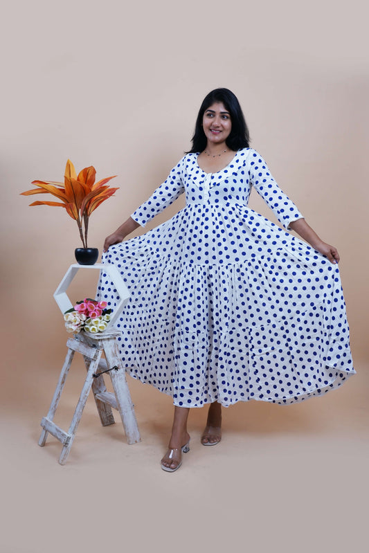Blue Polka Printed Peter Pan Collar Tiered Fit & Flare Maxi Dress