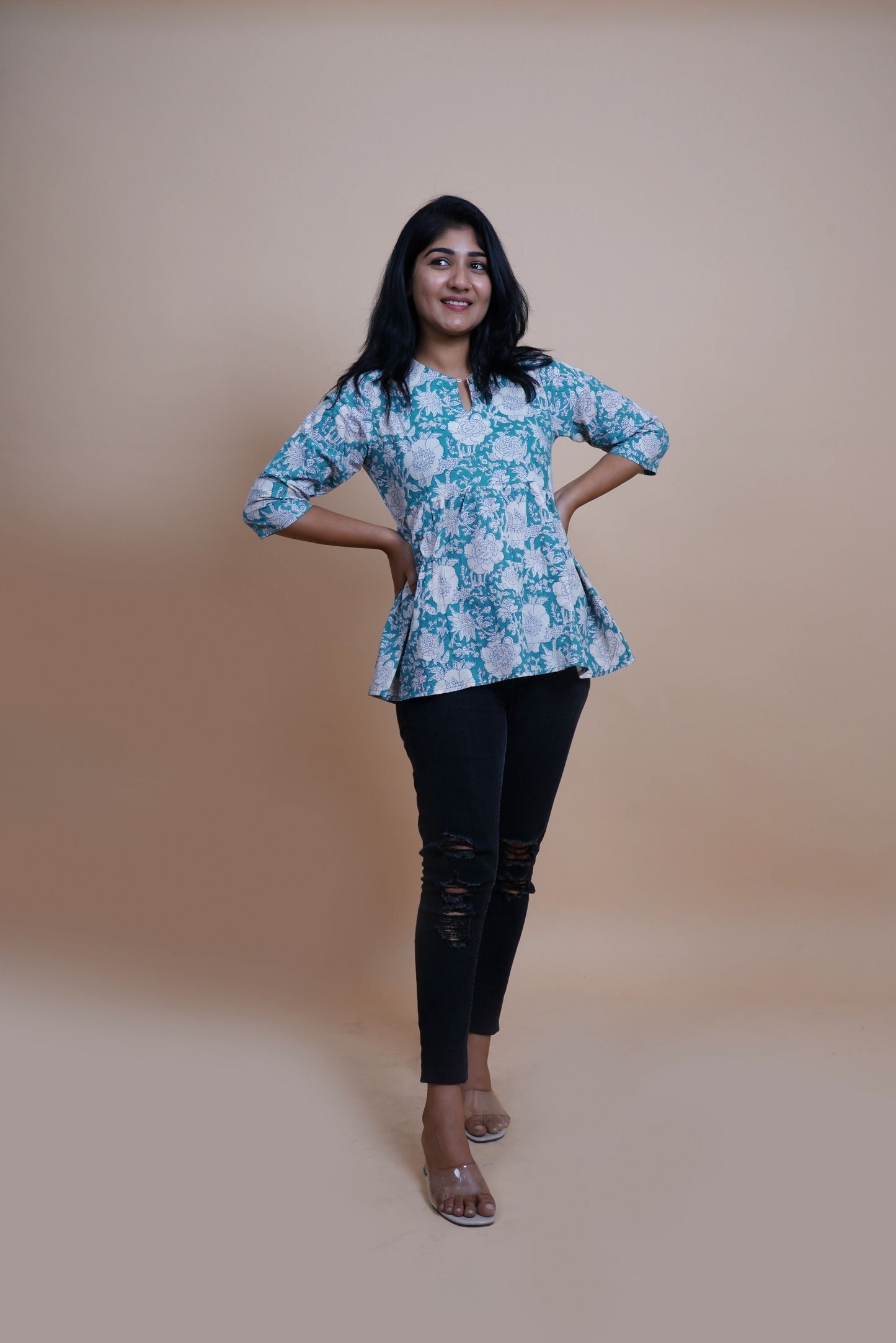 Teal Floral Printed Pure Cotton Keyhole Neck Empire Top