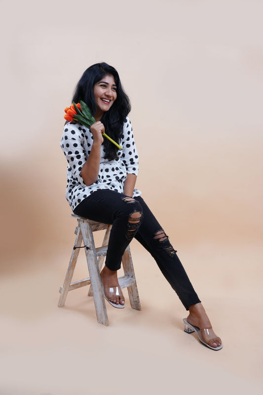 Black Polka Printed Keyhole Neck Empire Top