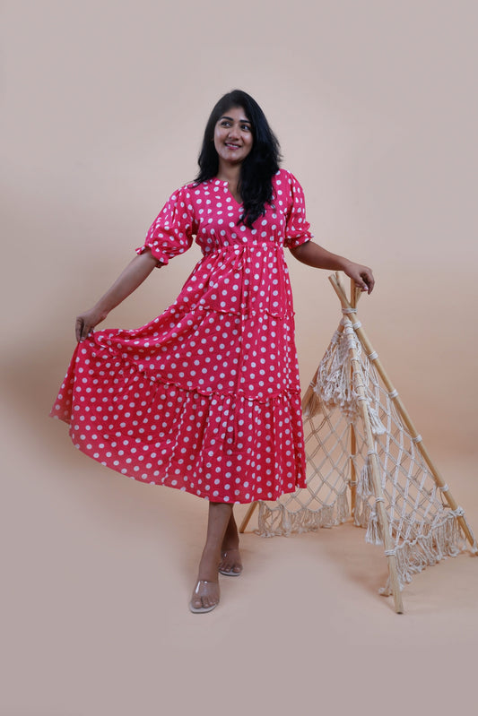 Pink Polka Dots Printed Cotton Empire Midi Dress