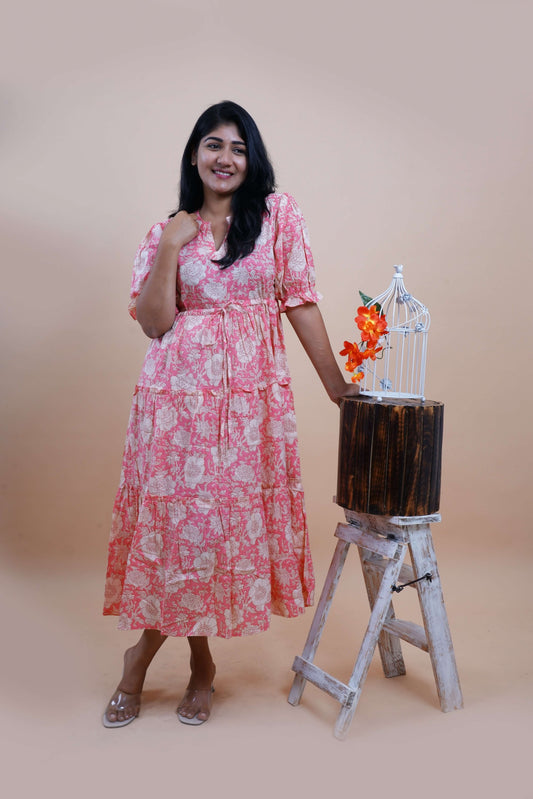 Peach Floral Printed Cotton Empire Midi Dress