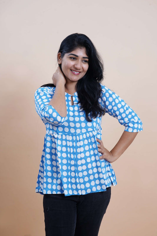 White Polka Printed Keyhole Neck Empire Top