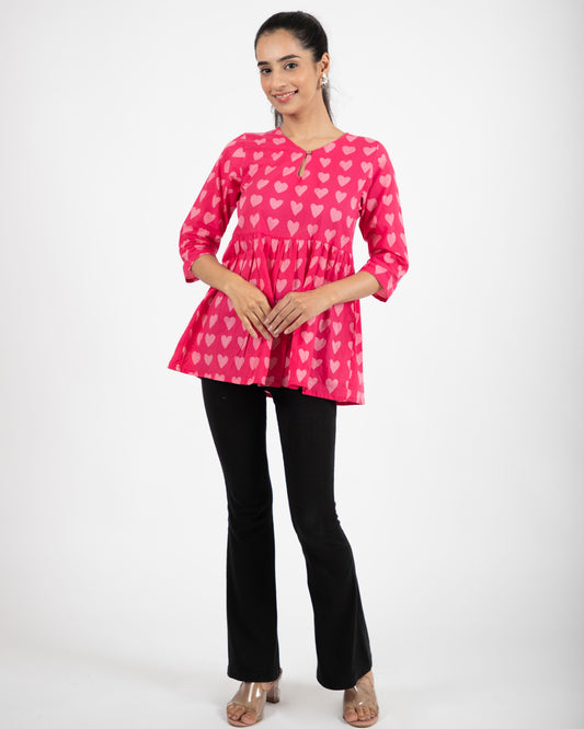 Pink Hearts Printed Keyhole Neck Empire Top