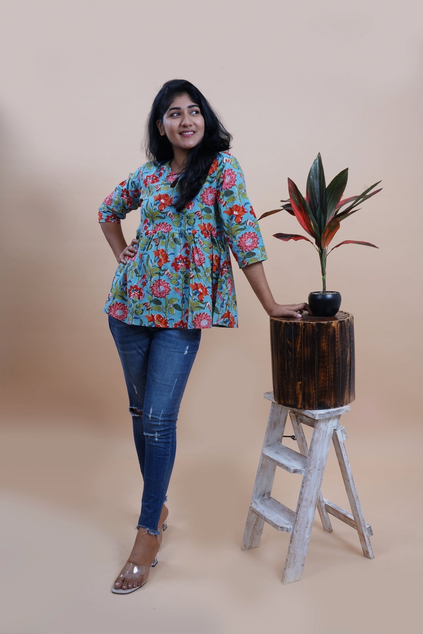 Blue Floral Printed Keyhole Neck Empire Top
