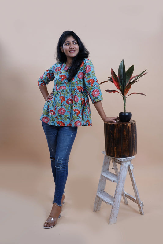 Blue Floral Printed Keyhole Neck Empire Top