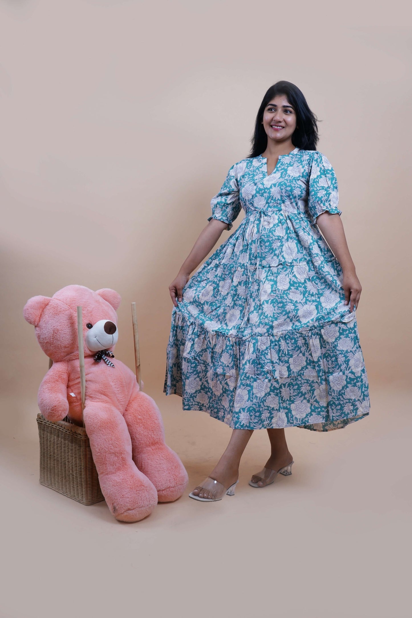 Teal Floral Printed Cotton Empire Midi Dress