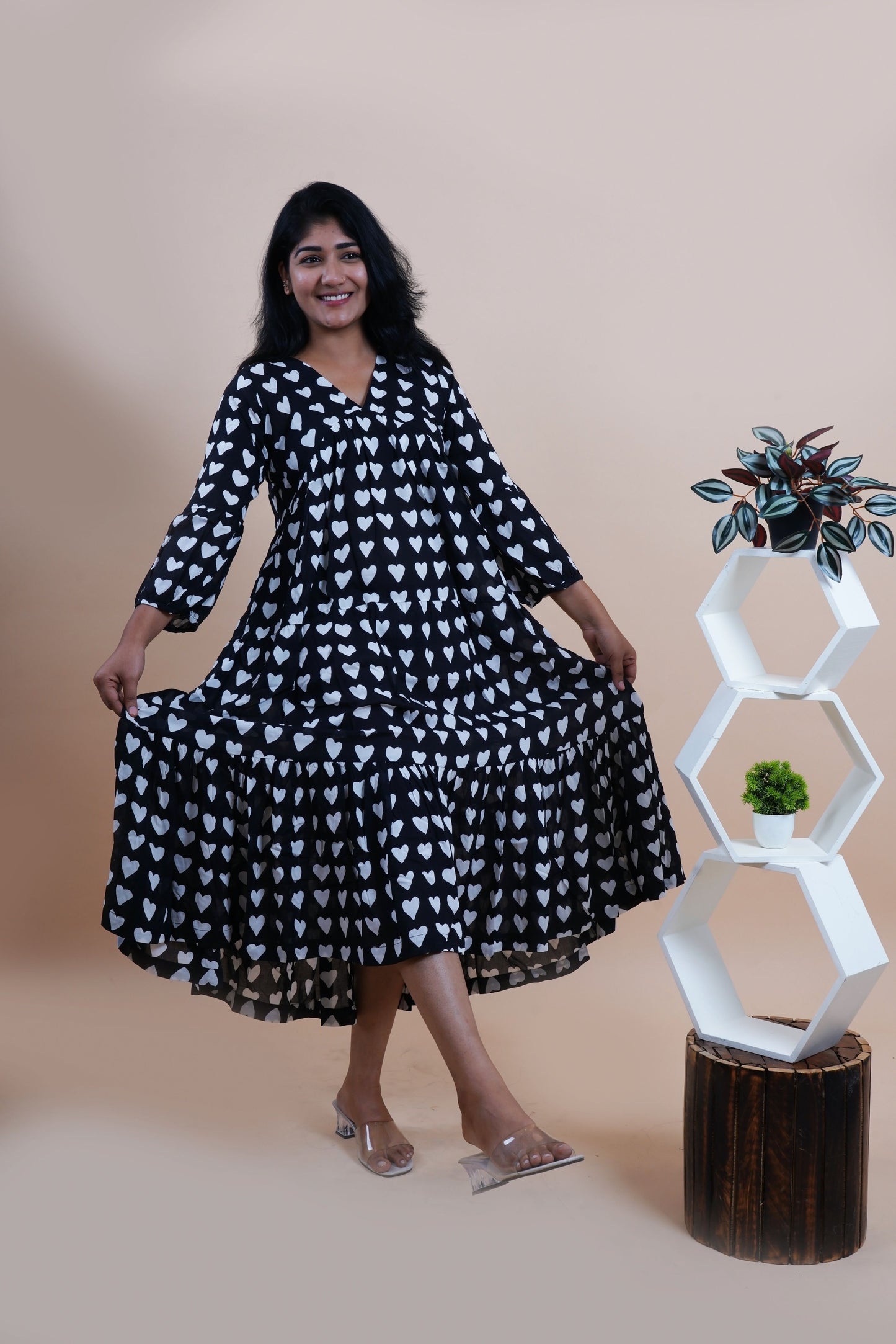 Black Hearts Polka Dots Printed V-Neck Tiered Cotton Maxi Dress