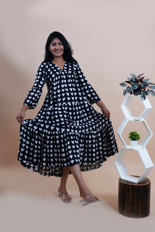 Black Hearts Polka Dots Printed V-Neck Tiered Cotton Maxi Dress