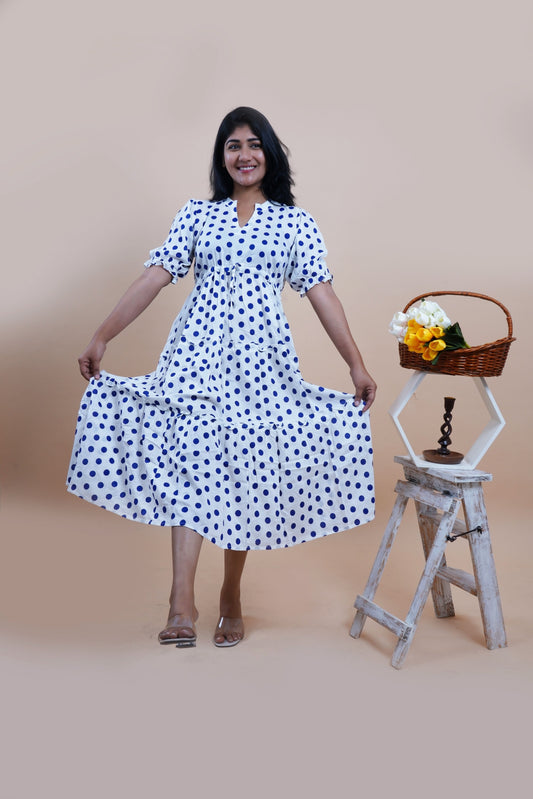 Blue Polka Dots Printed Cotton Empire Midi Dress