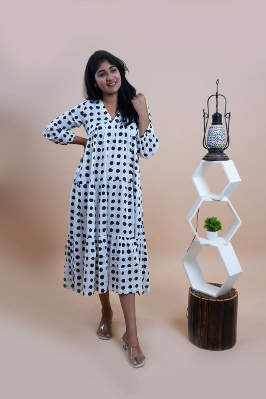 Black Polka Dots Printed  V-Neck Tiered Cotton Maxi Dress