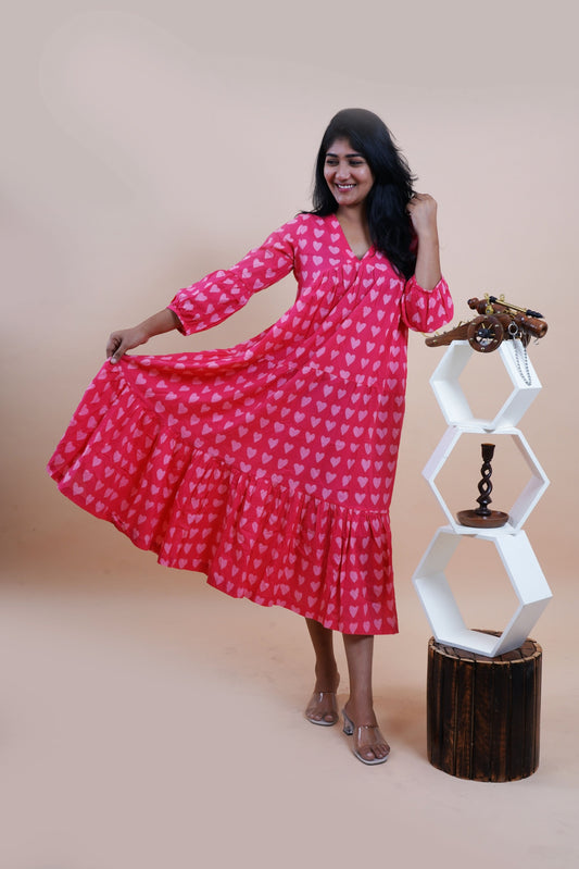Pink Hearts Polka Dots Printed  V-Neck Tiered Cotton Maxi Dress