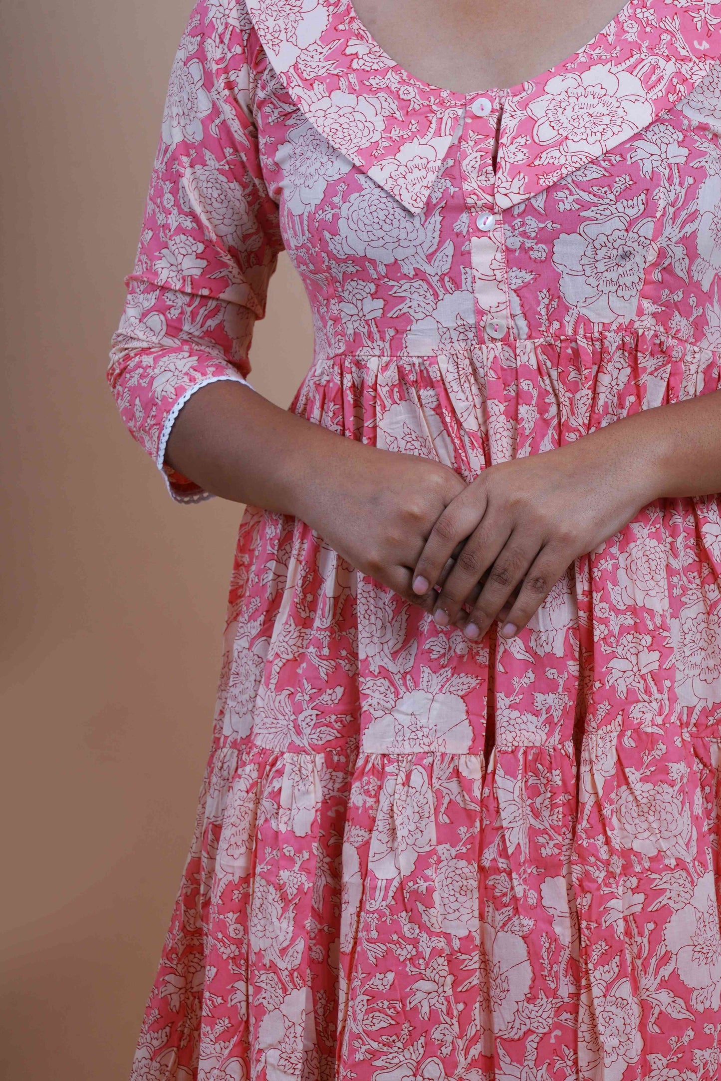 Peach Floral Printed Peter Pan Collar Tiered Fit & Flare Maxi Dress