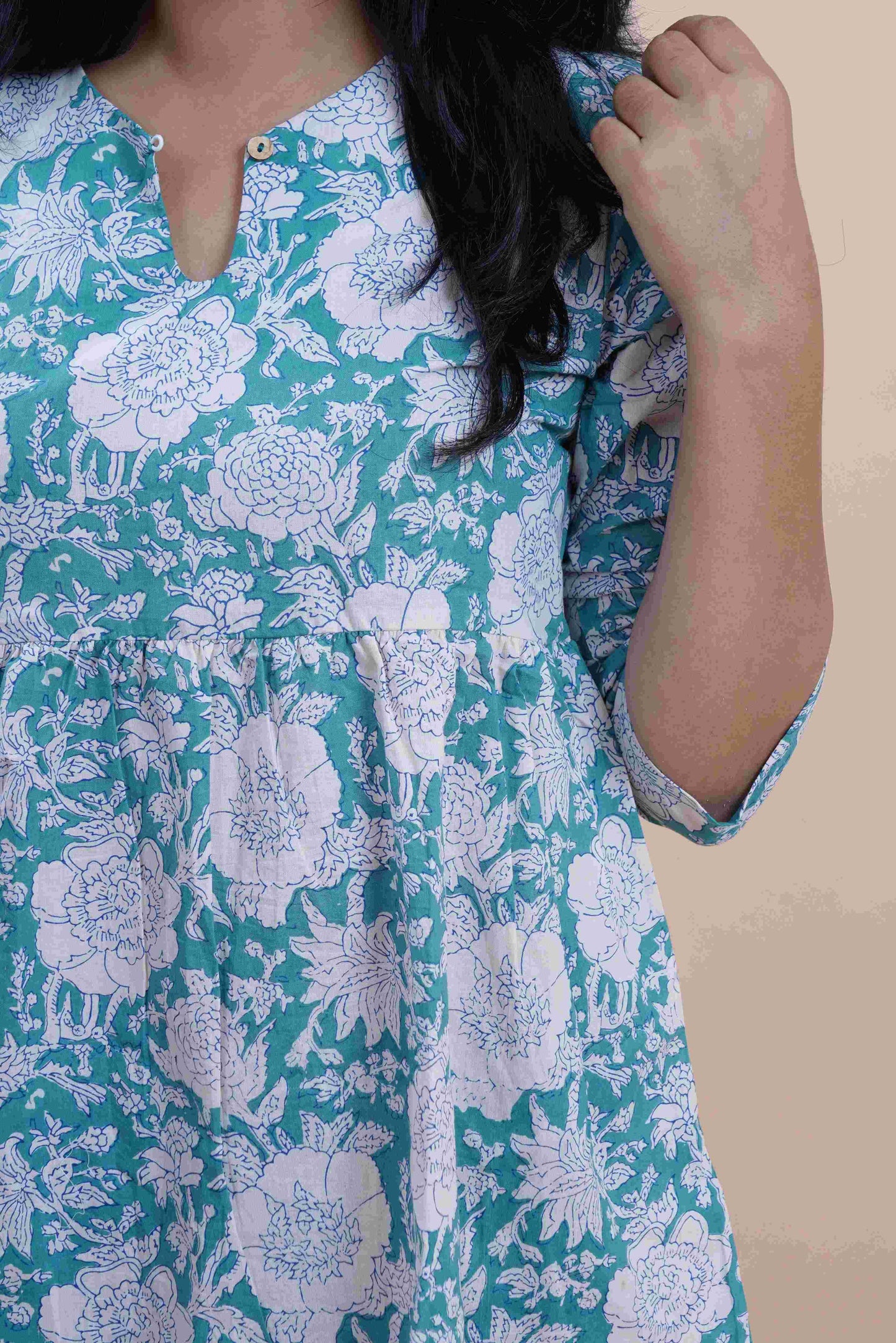Teal Floral Printed Pure Cotton Keyhole Neck Empire Top
