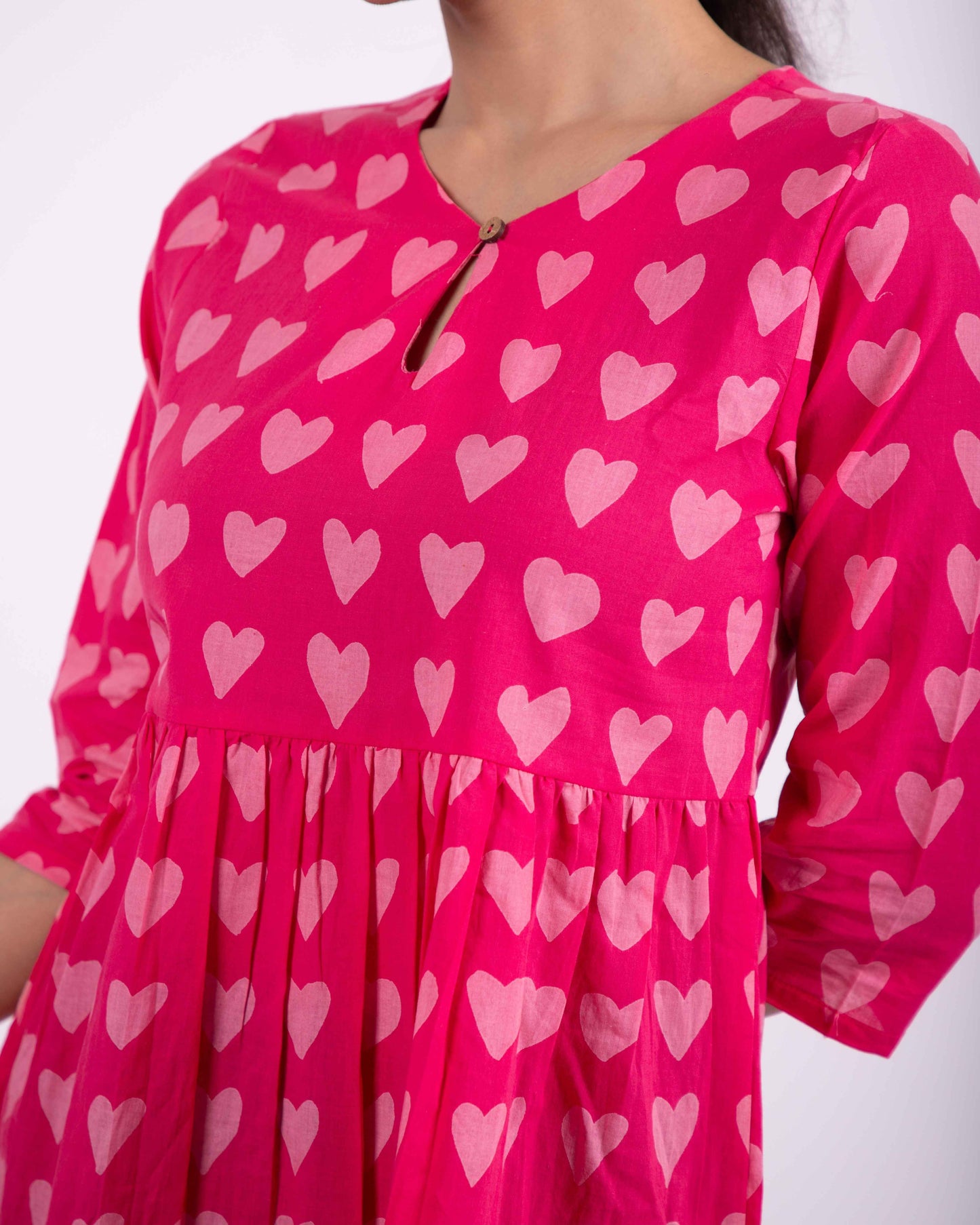 Pink Hearts Printed Keyhole Neck Empire Top
