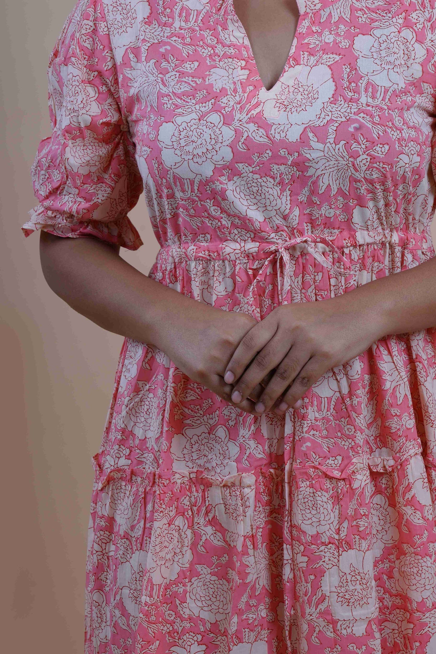 Peach Floral Printed Cotton Empire Midi Dress