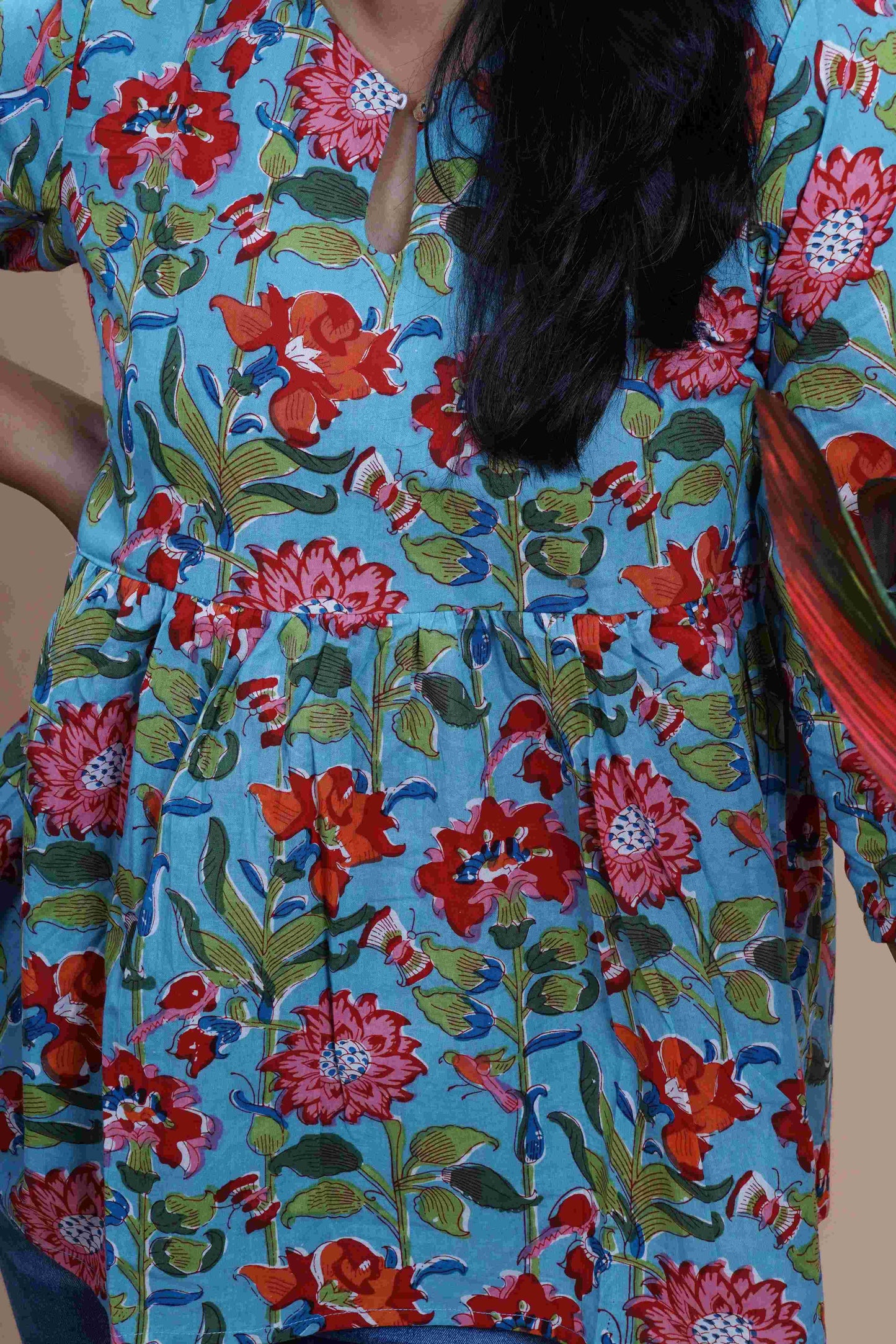 Blue Floral Printed Keyhole Neck Empire Top