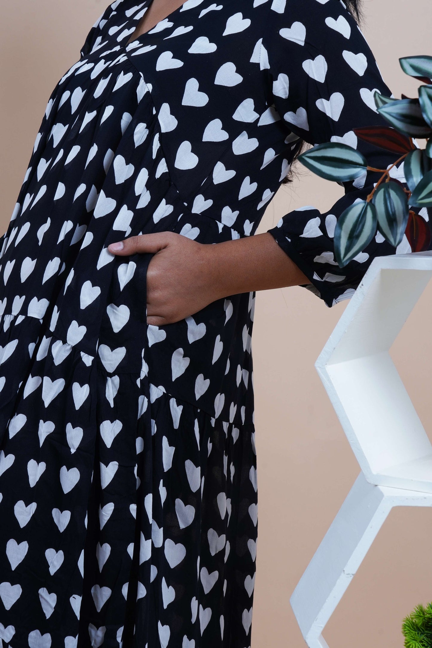 Black Hearts Polka Dots Printed V-Neck Tiered Cotton Maxi Dress