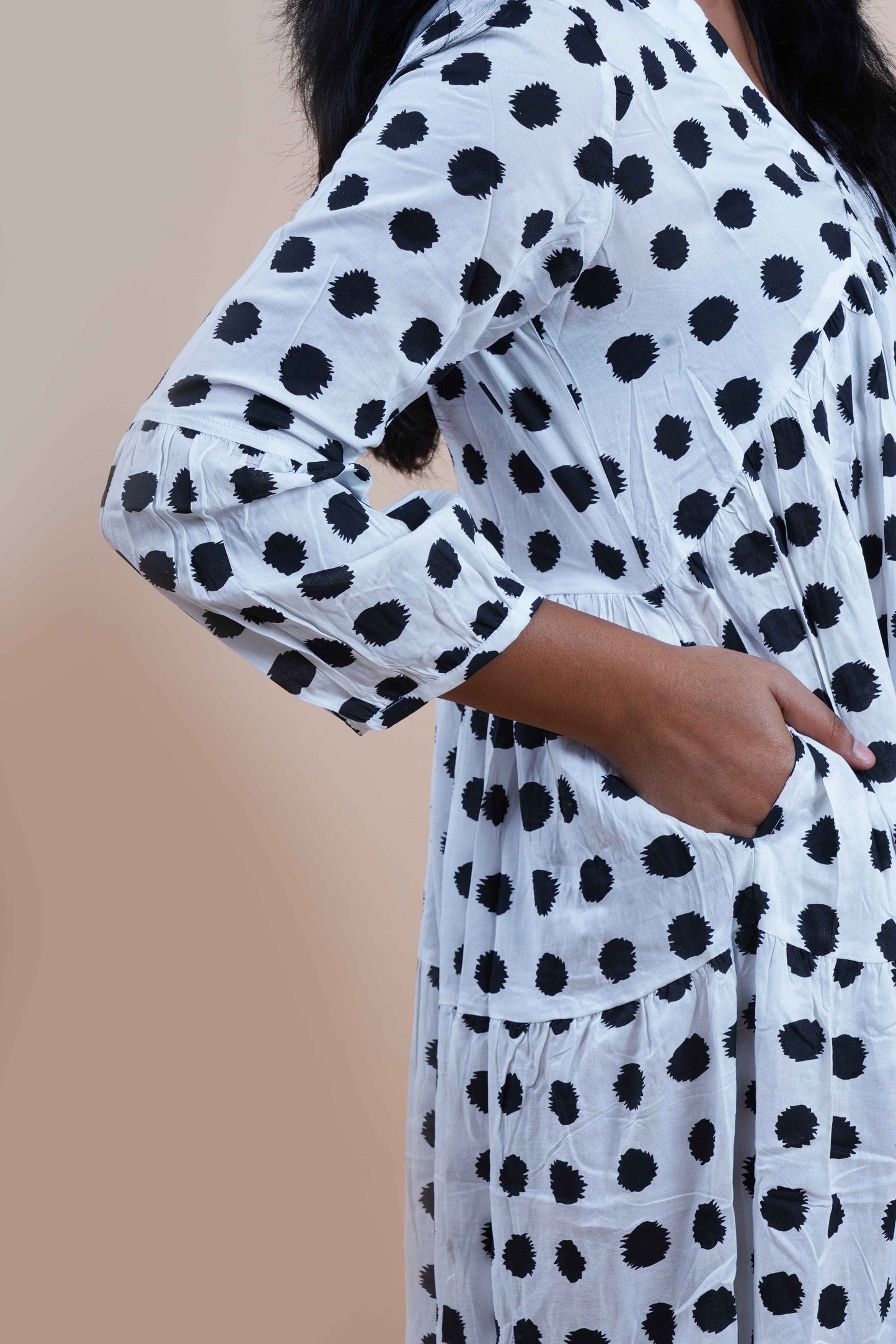 Black Polka Dots Printed V-Neck Tiered Cotton Maxi Dress