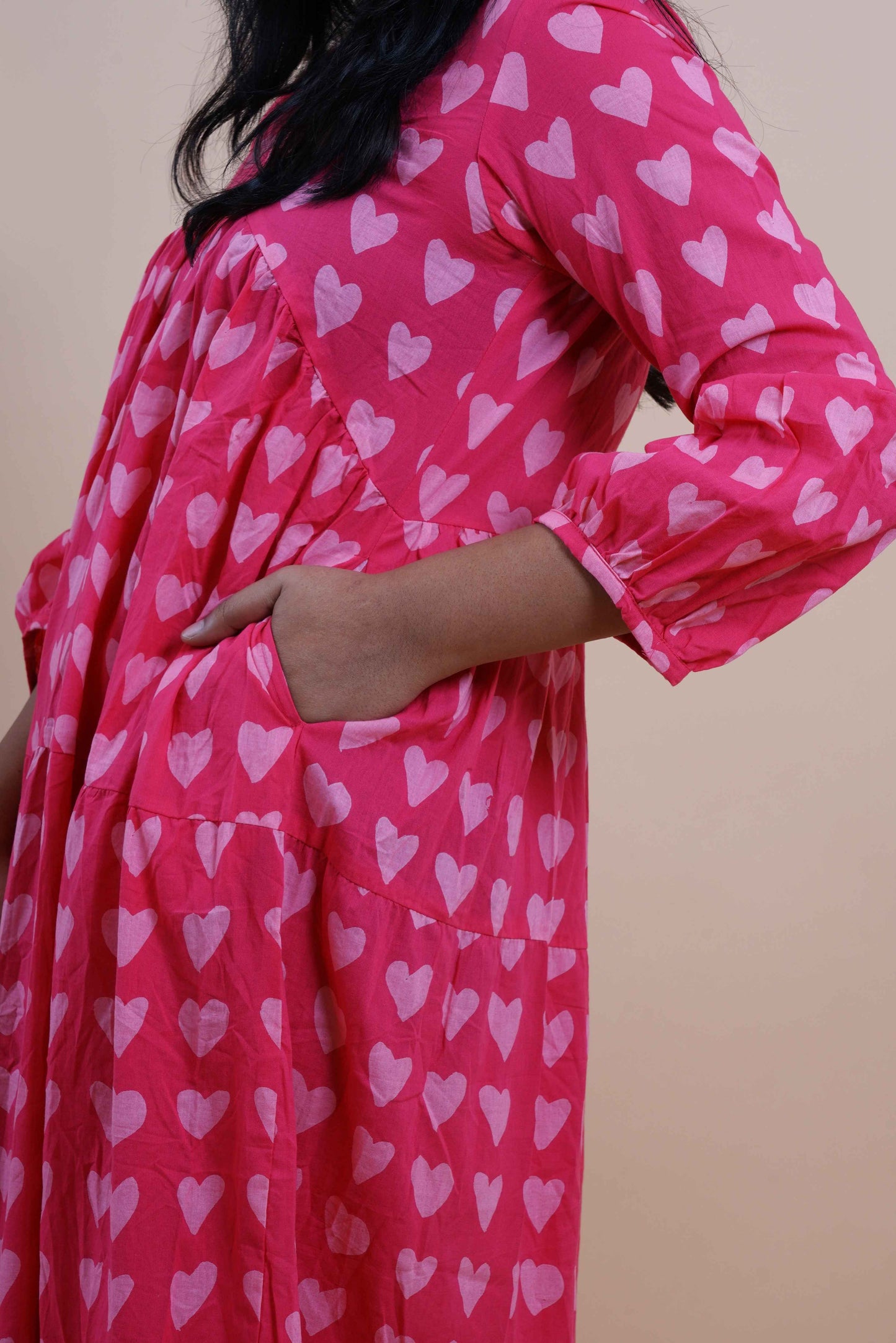 Pink Hearts Polka Dots Printed V-Neck Tiered Cotton Maxi Dress