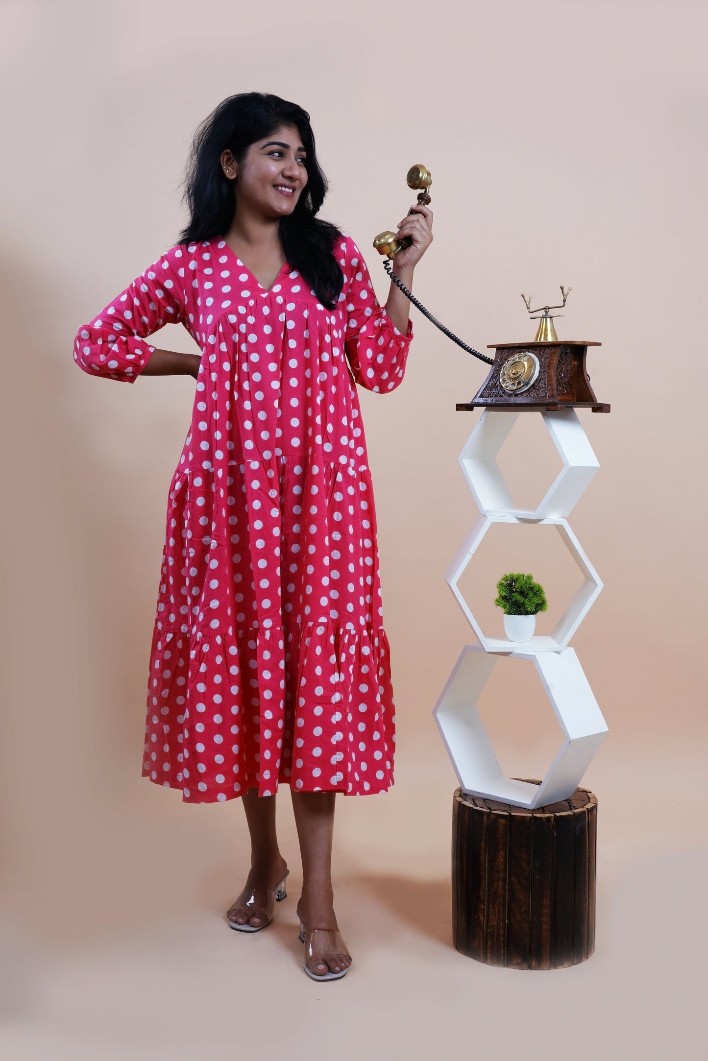 Pink Polka Dots Printed V-Neck Tiered Cotton Maxi Dress