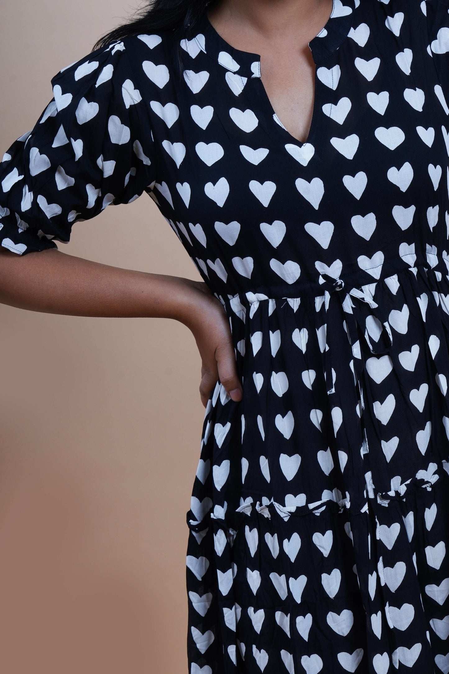 Black Hearts Polka Dots Printed Cotton Empire Midi Dress