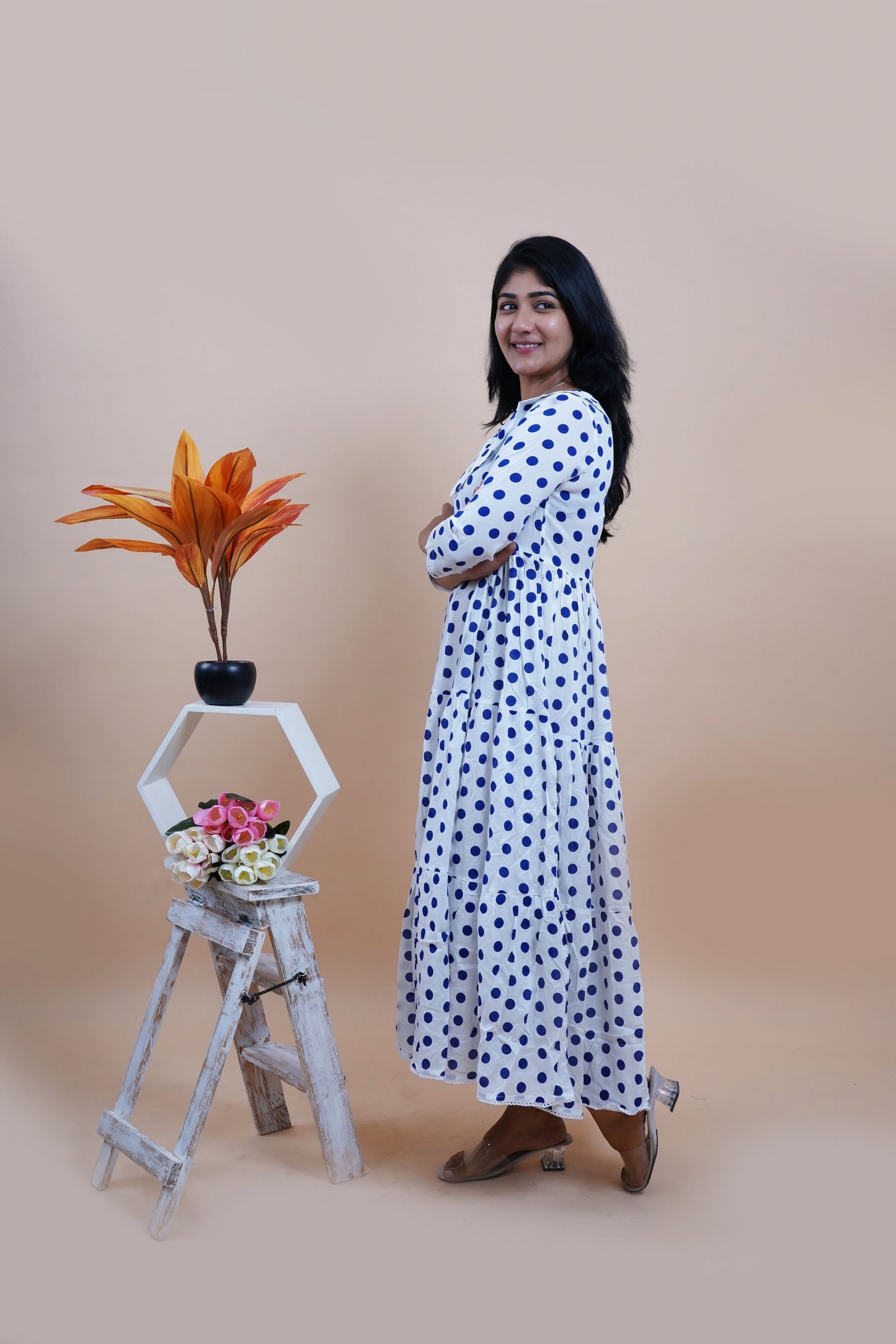 Blue Polka Printed Peter Pan Collar Tiered Fit & Flare Maxi Dress