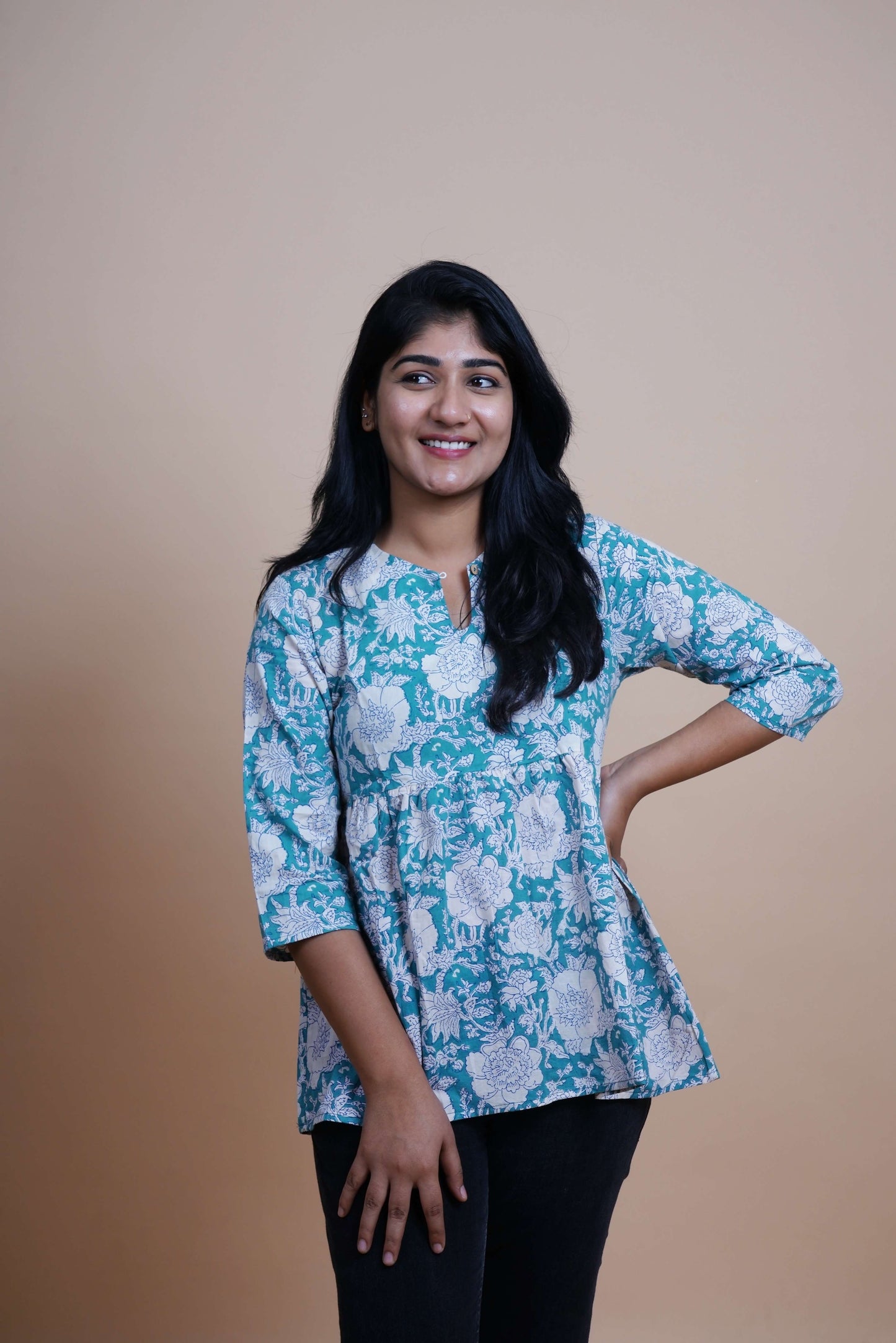 Teal Floral Printed Pure Cotton Keyhole Neck Empire Top