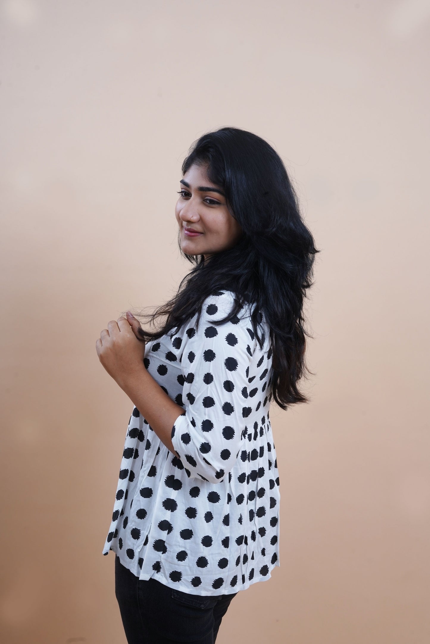 Black Polka Printed Keyhole Neck Empire Top