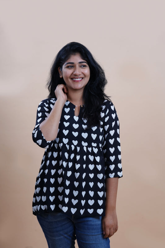 Black Hearts Printed Keyhole Neck Empire Top