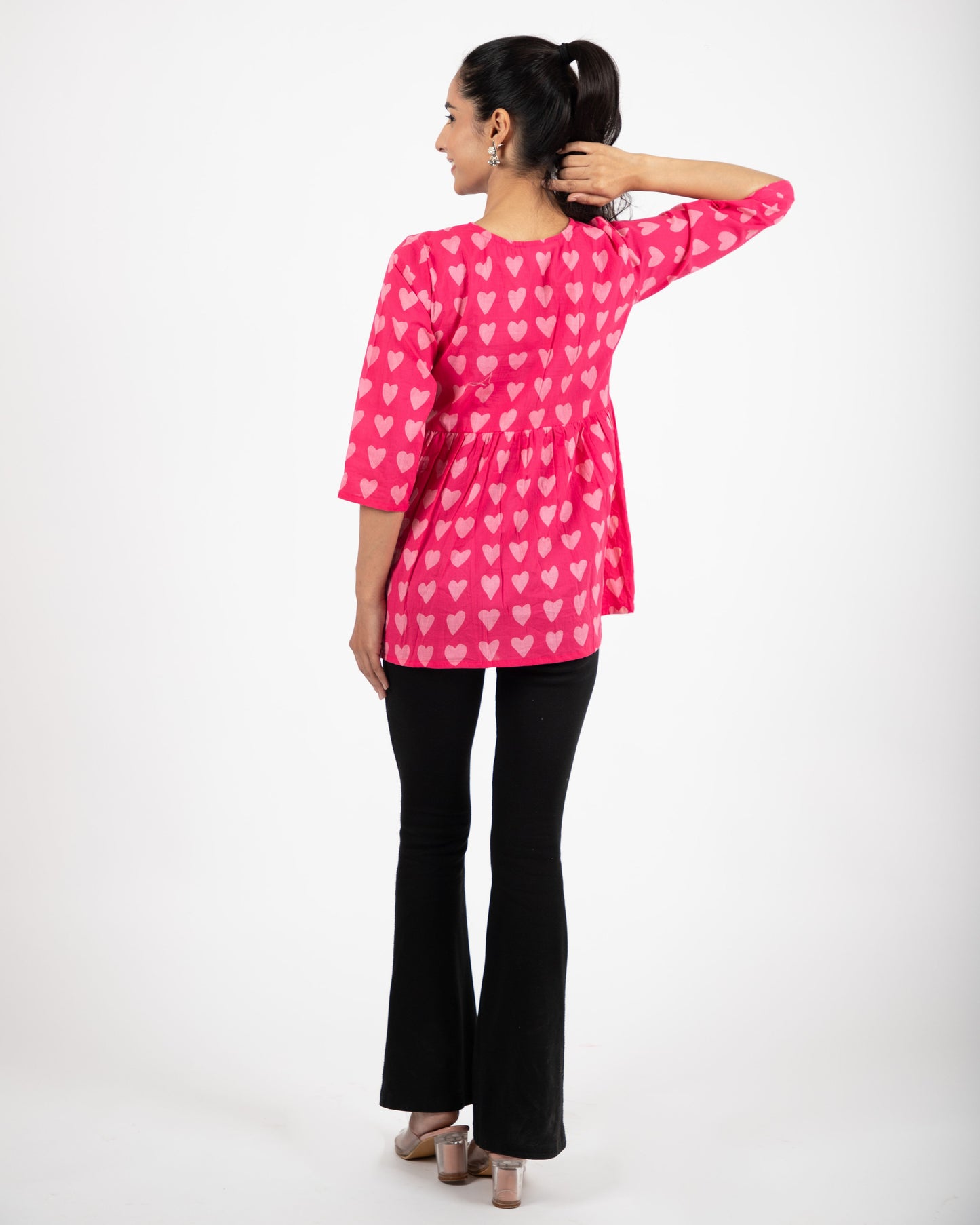 Pink Hearts Printed Keyhole Neck Empire Top