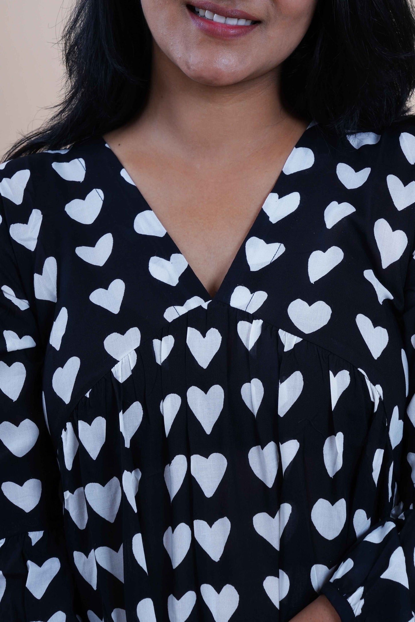 Black Hearts Polka Dots Printed V-Neck Tiered Cotton Maxi Dress