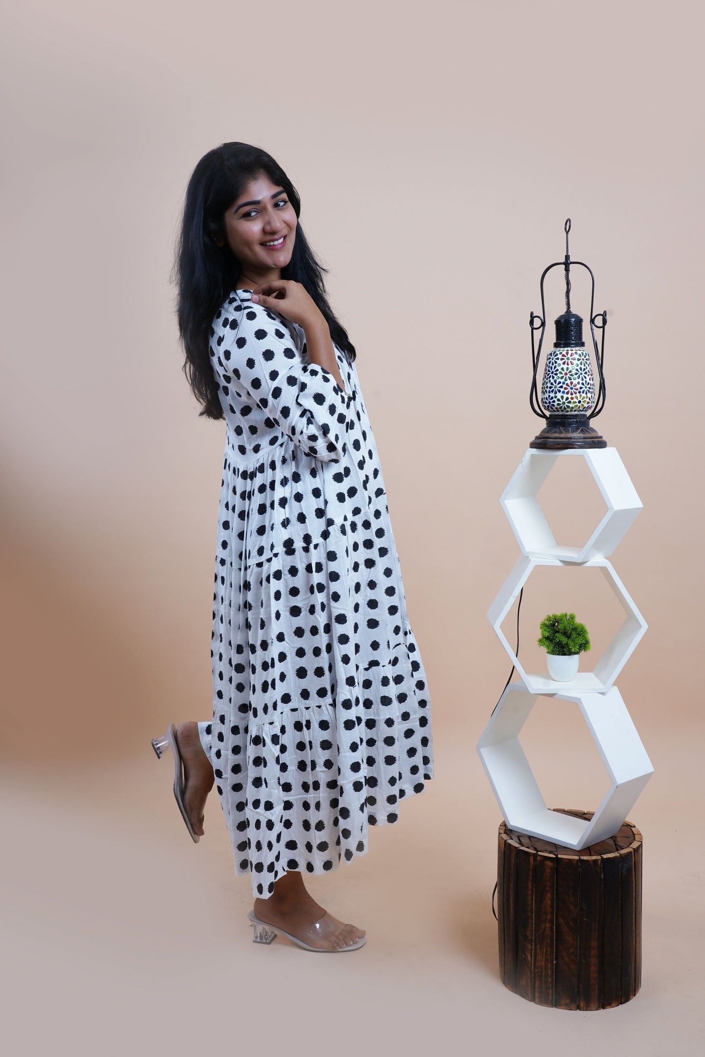 Black Polka Dots Printed V-Neck Tiered Cotton Maxi Dress