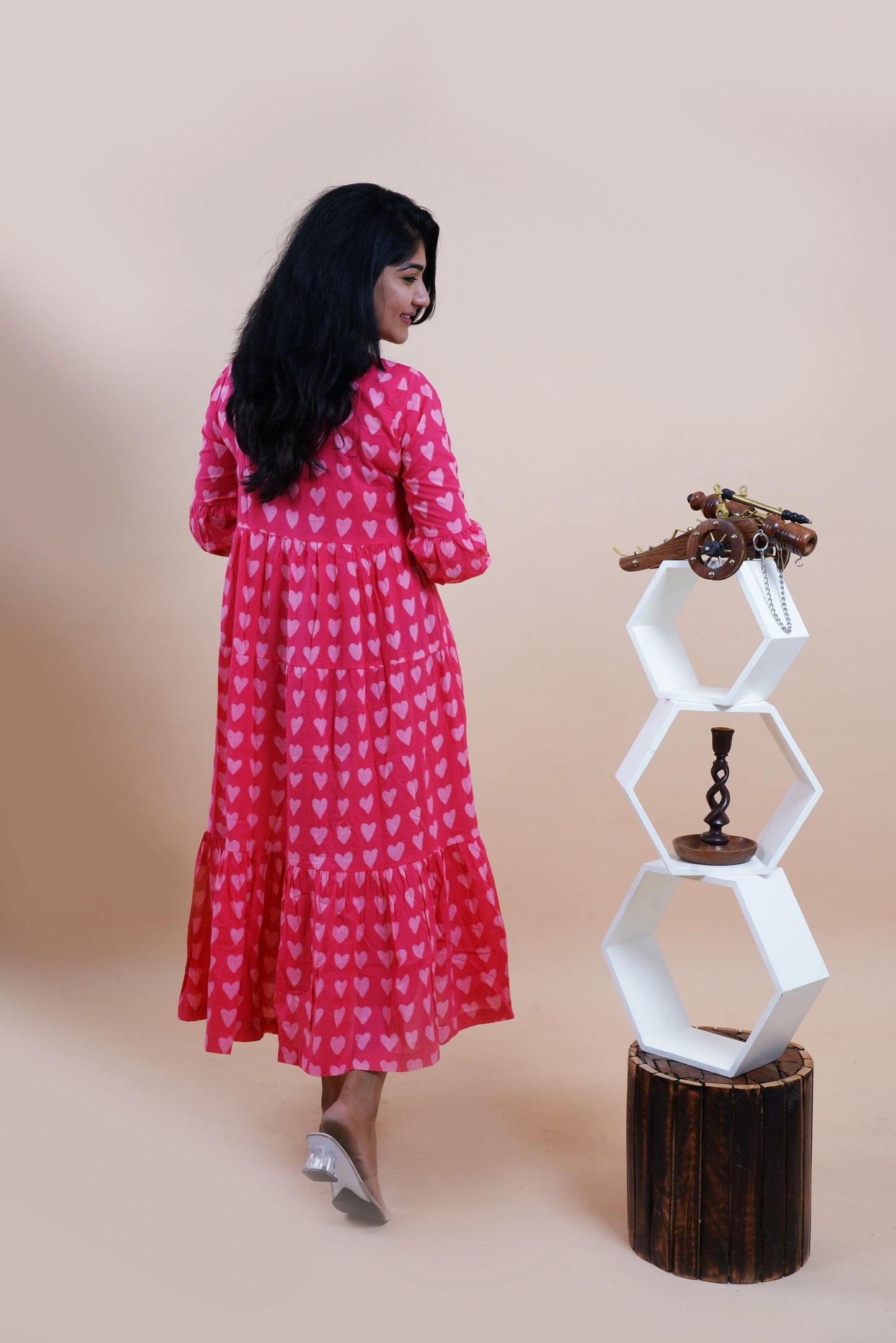 Pink Hearts Polka Dots Printed V-Neck Tiered Cotton Maxi Dress