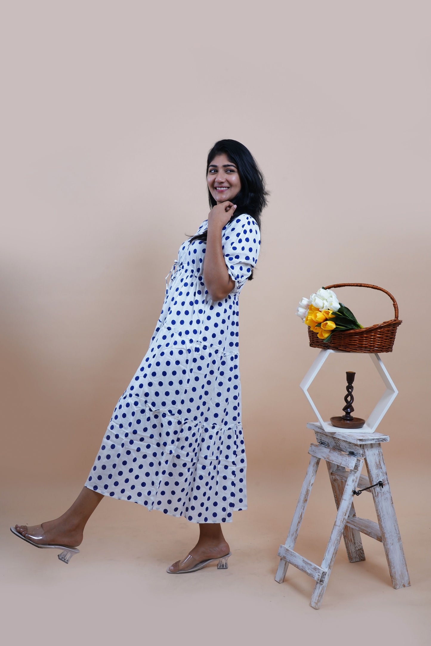 Blue Polka Dots Printed Cotton Empire Midi Dress