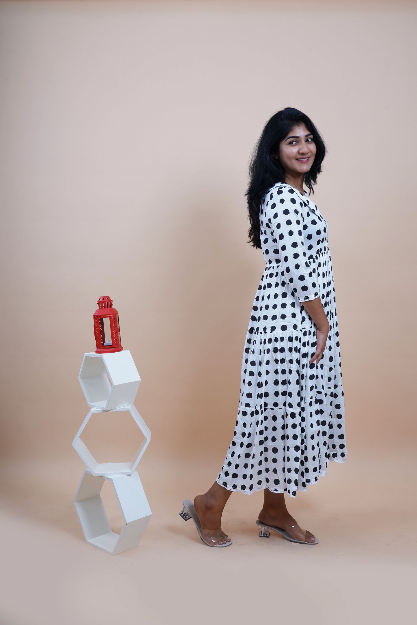 Black Polka Printed Peter Pan Collar Tiered Fit & Flare Maxi Dress