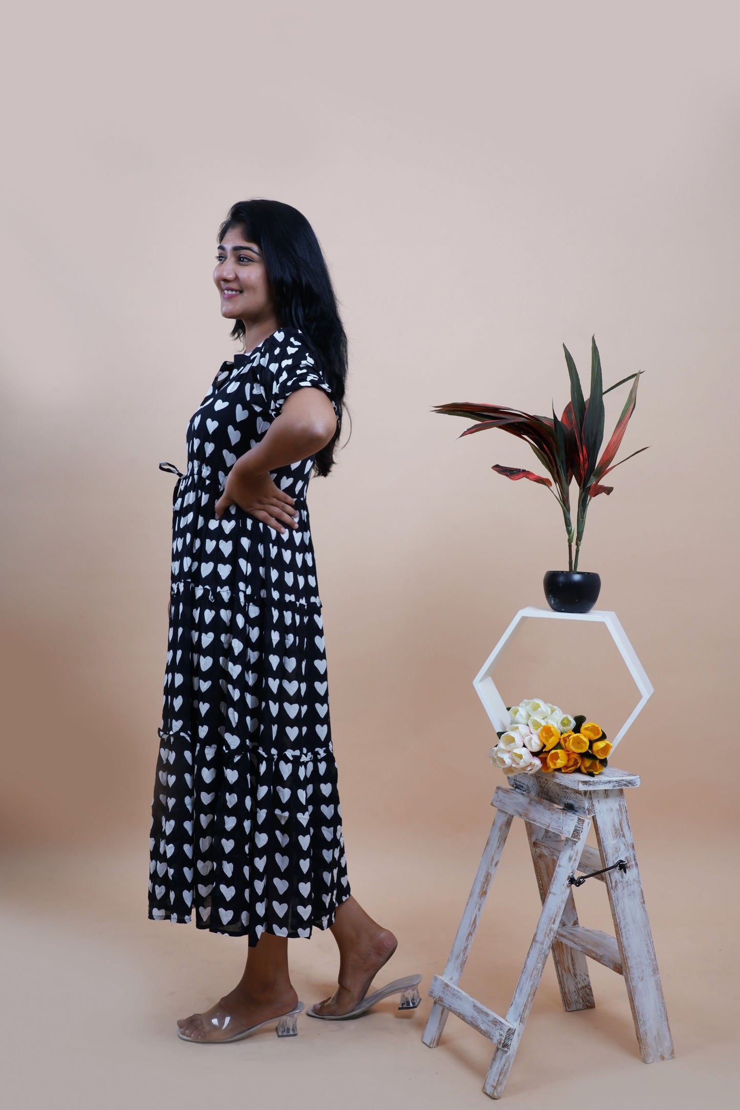 Black Hearts Polka Dots Printed Cotton Empire Midi Dress