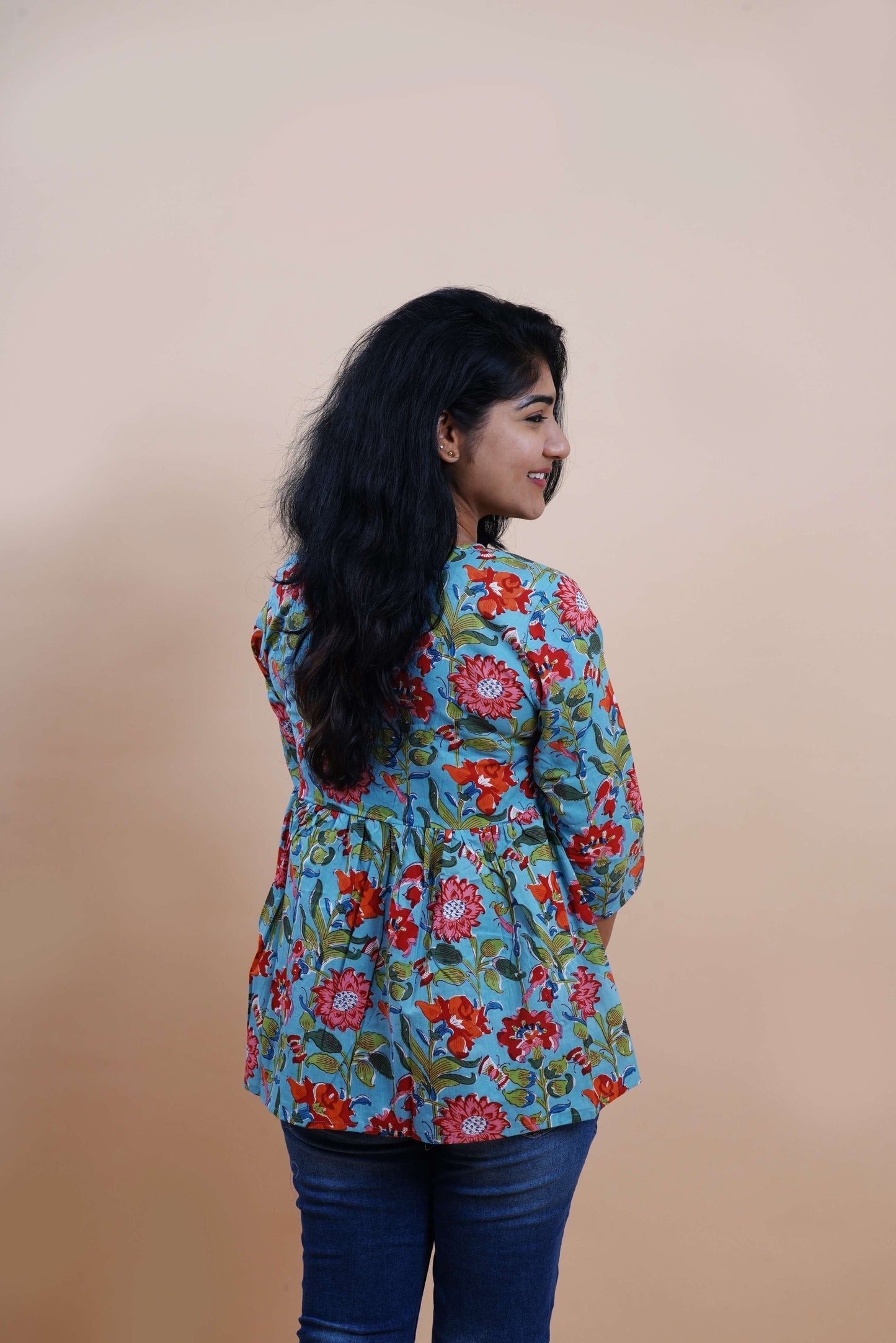 Blue Floral Printed Keyhole Neck Empire Top
