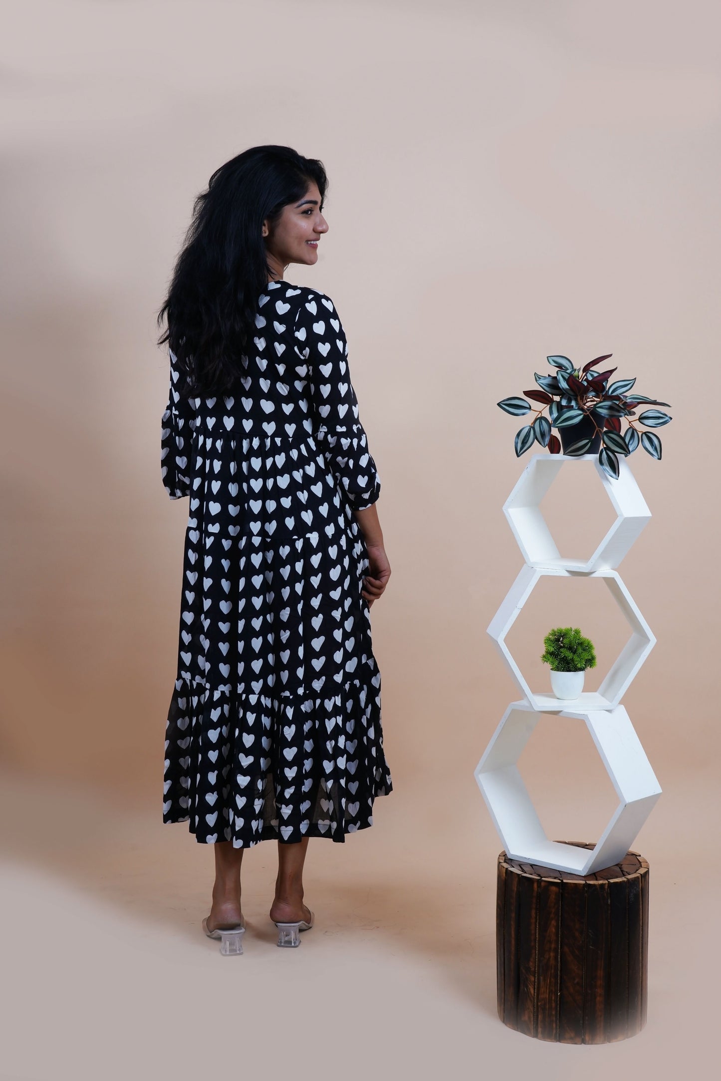 Black Hearts Polka Dots Printed V-Neck Tiered Cotton Maxi Dress
