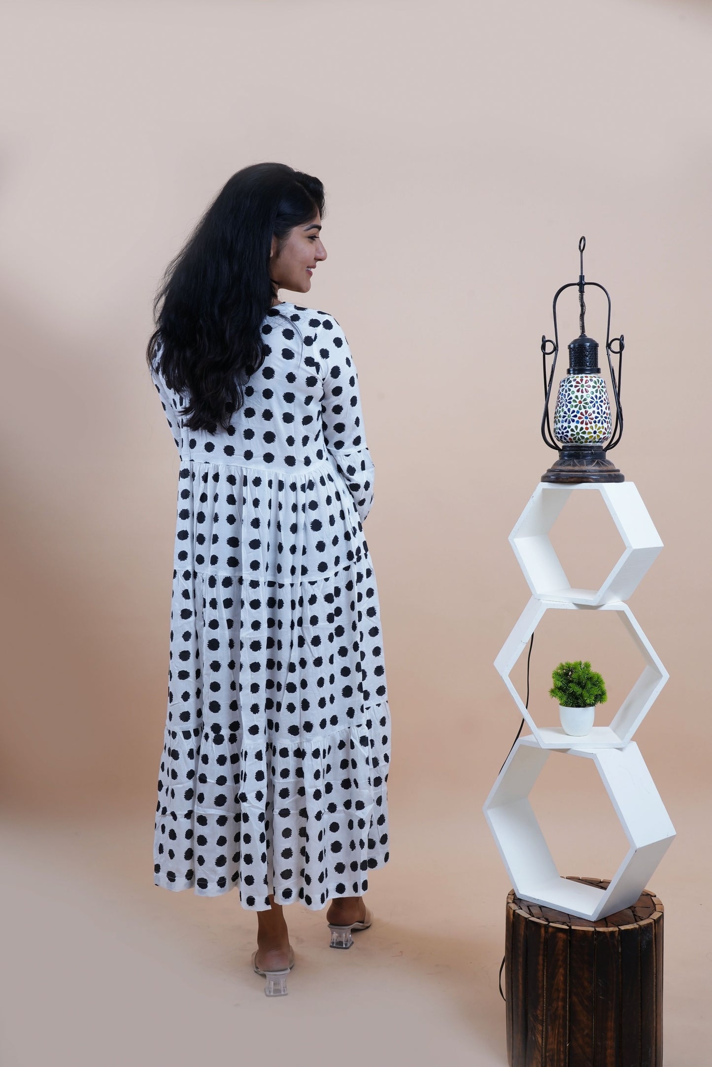 Black Polka Dots Printed V-Neck Tiered Cotton Maxi Dress