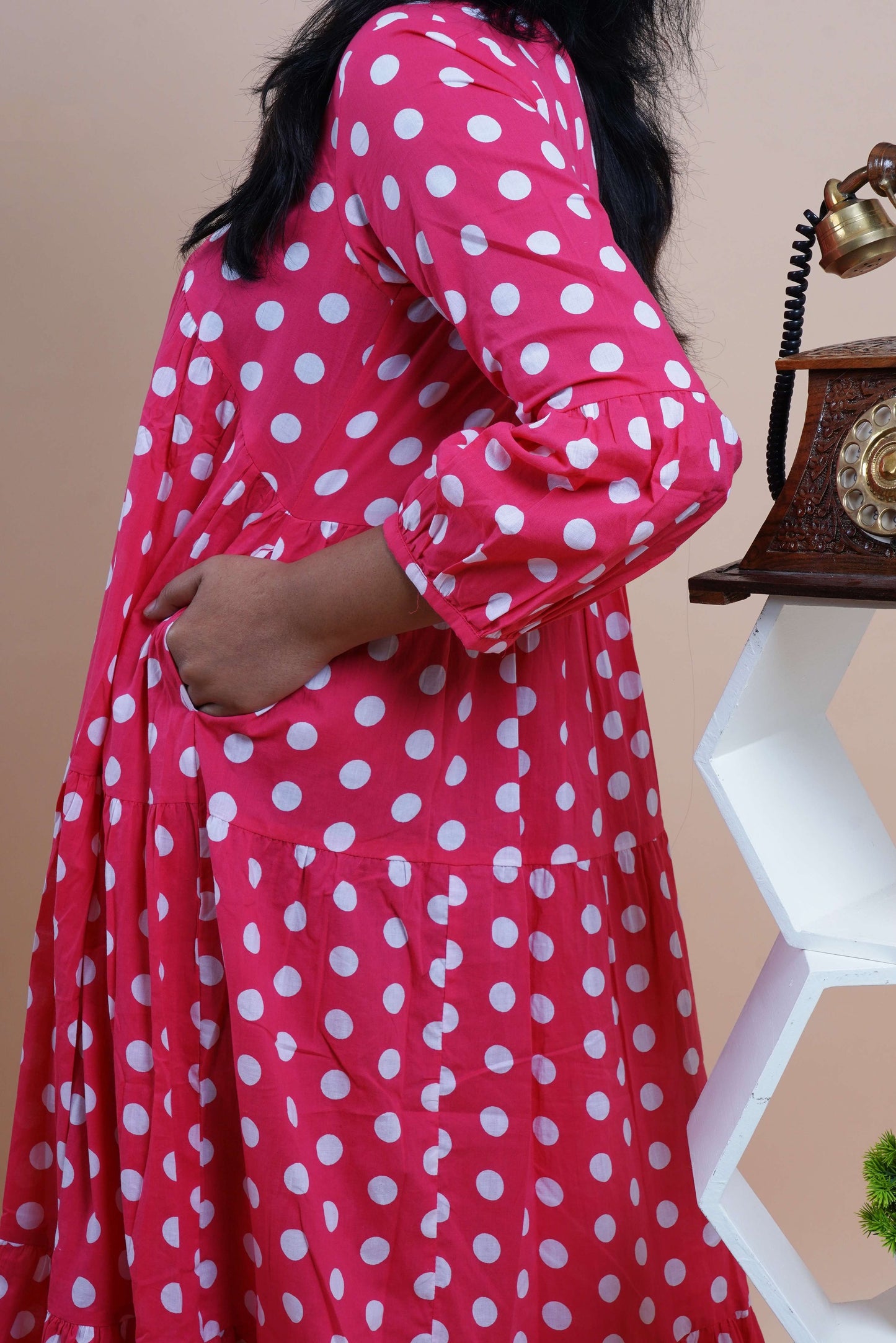 Pink Polka Dots Printed V-Neck Tiered Cotton Maxi Dress