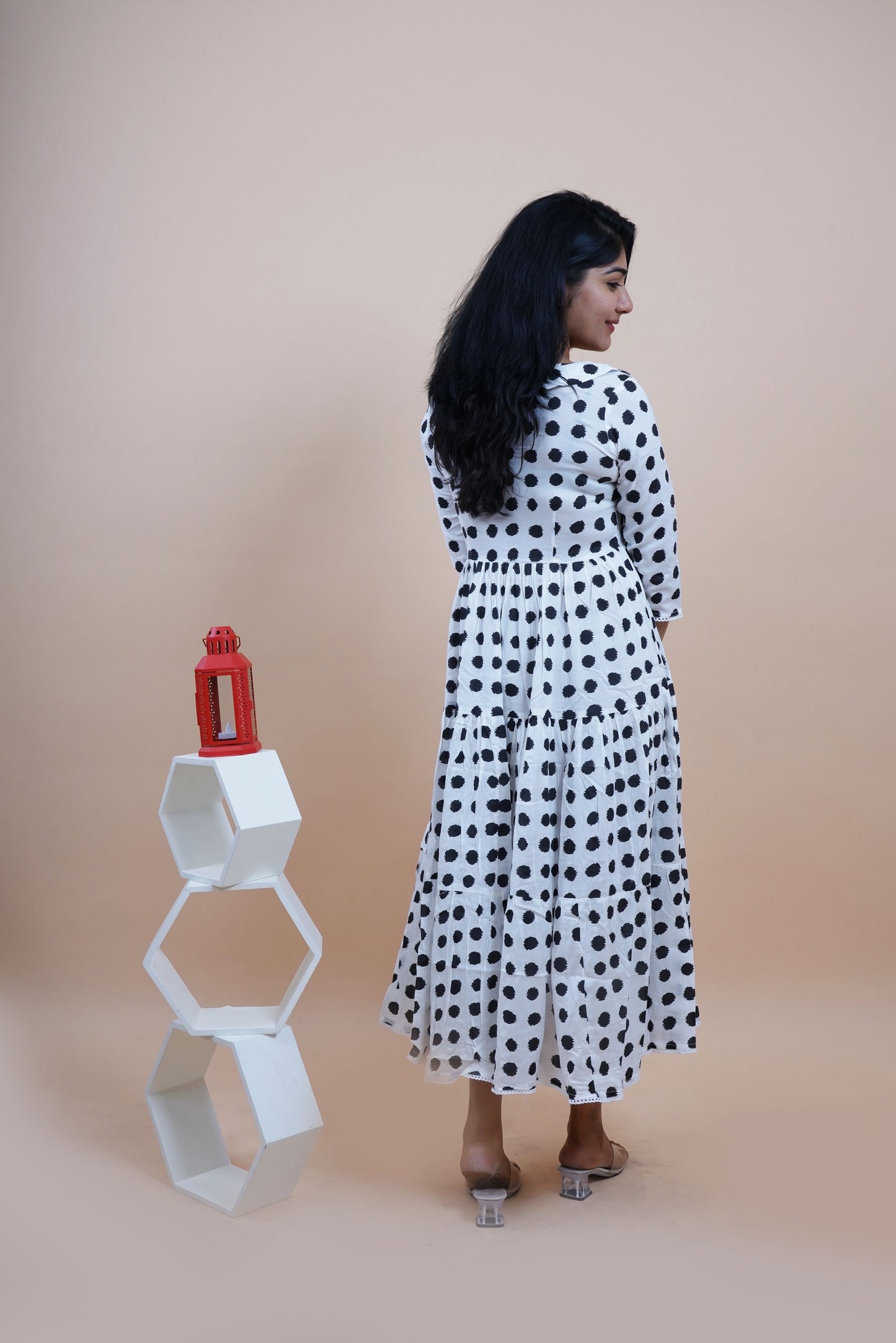 Black Polka Printed Peter Pan Collar Tiered Fit & Flare Maxi Dress